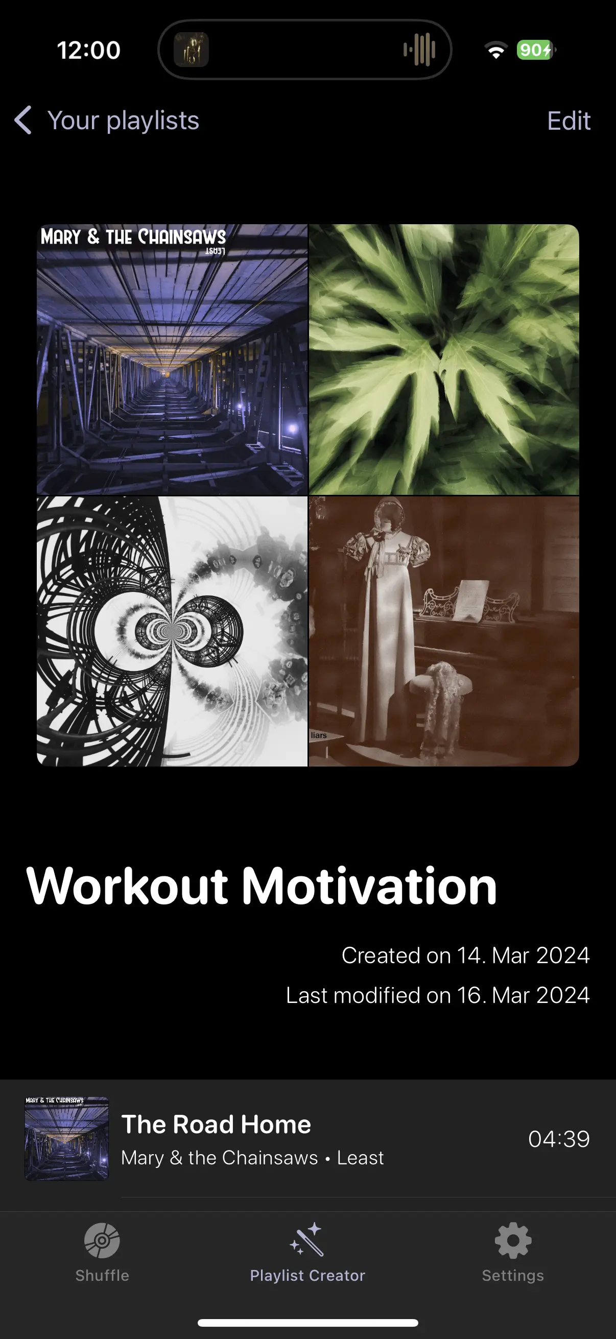 Screenshot of the iana app showing a playlist called “Workout Motivation”. A song “The Road Home” by Mary & the Chainsaws is displayed.