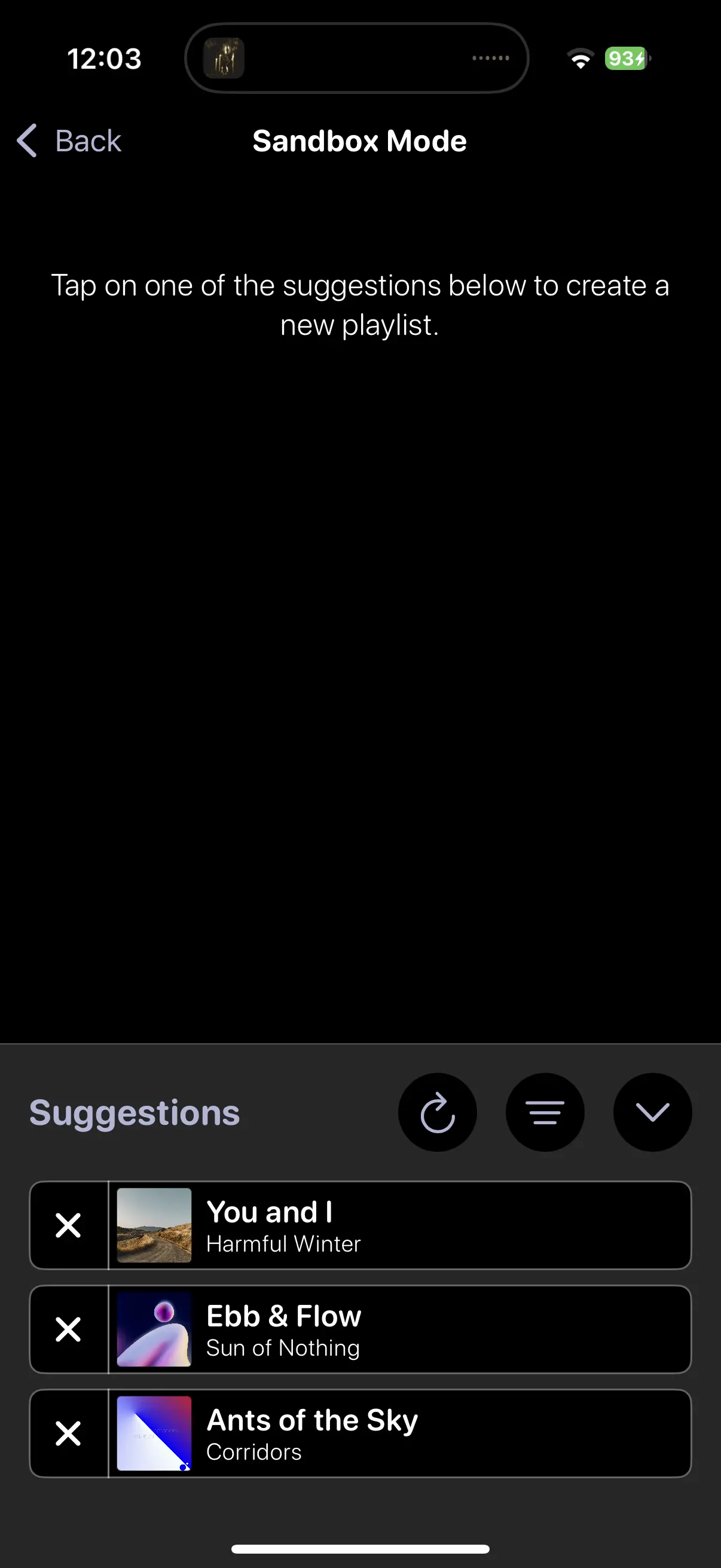 Screenshot of the iana app in Sandbox Mode. Suggestions for new playlists with titles such as “You and I”, “Ebb & Flow”, and “Ants of the Sky”.