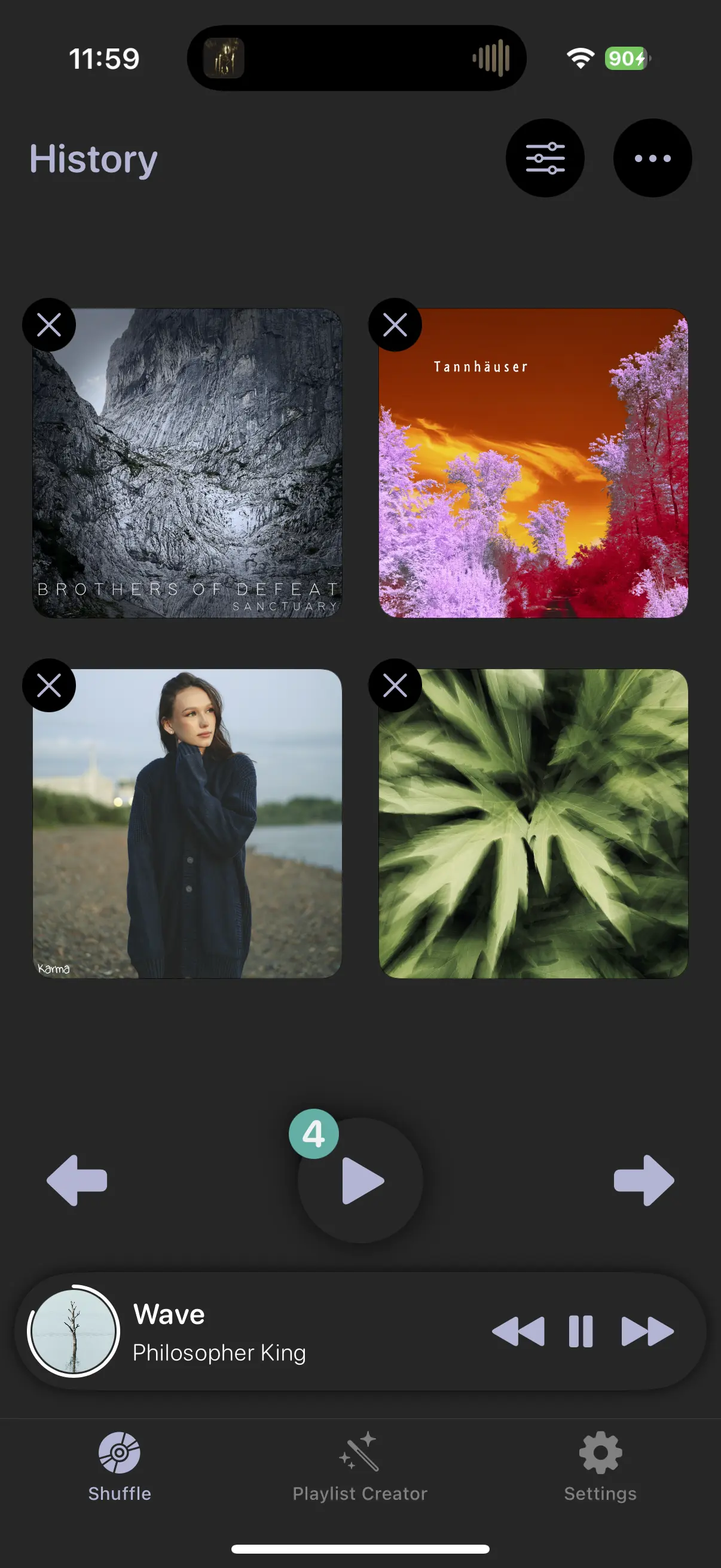 Screenshot of the iana app showing “History”. Several albums or cover images are visible, currently playing is “Wave” by Philosopher King.